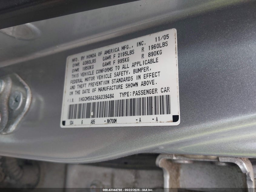 2006 HONDA ACCORD VIN: 1HGCM56436A039484
