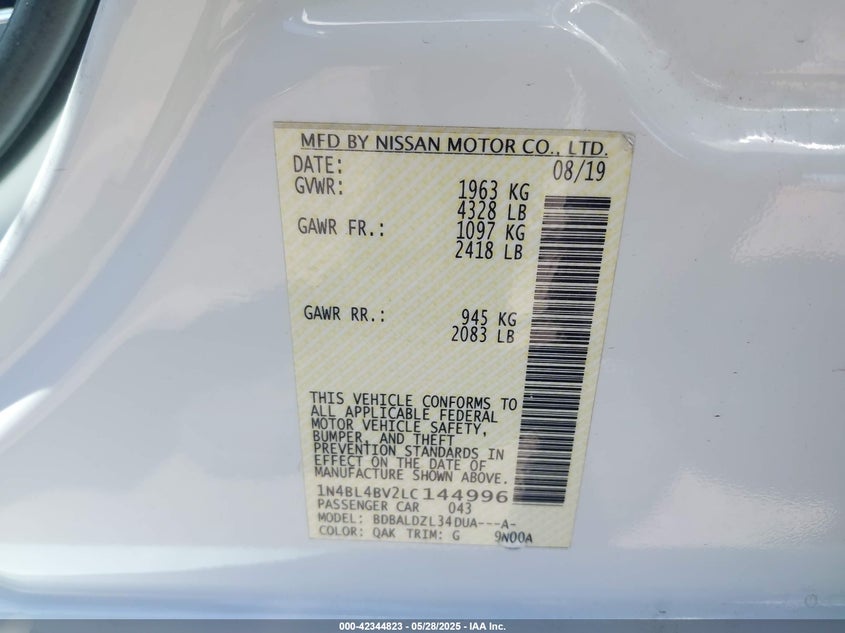 VIN 1N4BL4BV2LC144996 2020 NISSAN ALTIMA S FWD