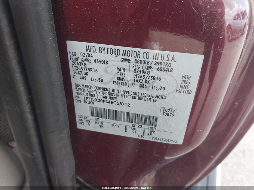 2004 Ford F-250 Lariat/Xl/Xlt VIN: 1FTNX20P34EC58712 Lot: 42344911