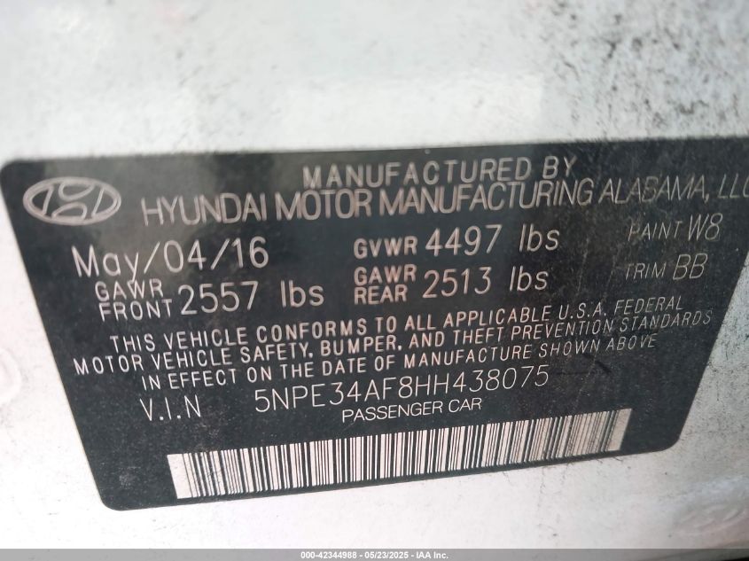 2017 Hyundai Sonata Sport VIN: 5NPE34AF8HH438075 Lot: 42344988