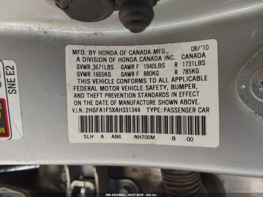 2010 Honda Civic Lx VIN: 2HGFA1F5XAH331344 Lot: 42345002