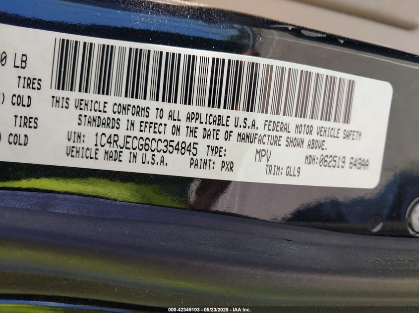 2012 JEEP GRAND CHEROKEE VIN: 1C4RJECG6CC354845