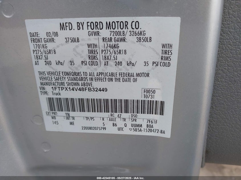 2008 FORD F150 VIN: 1FTPX14V48FB32449