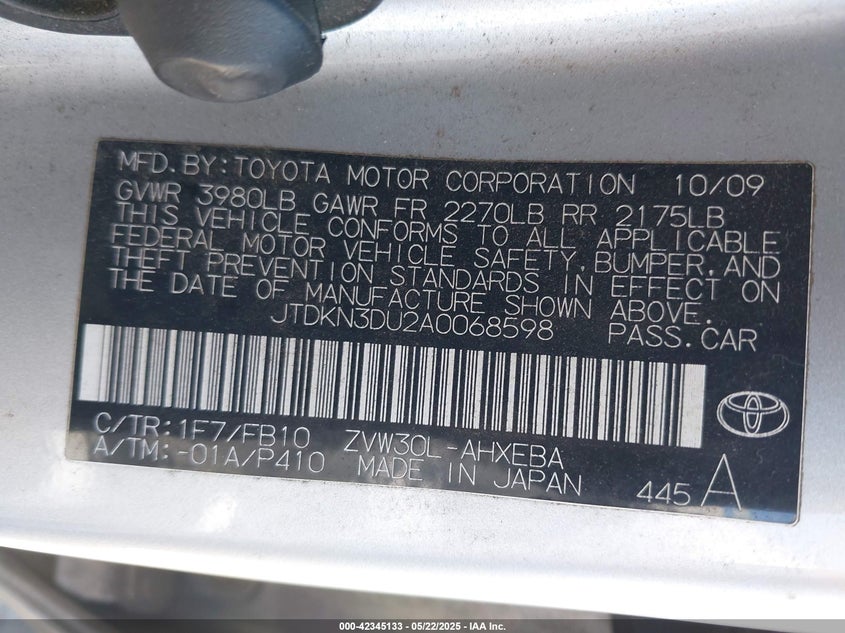 2010 TOYOTA PRIUS VIN: JTDKN3DU2A0068598