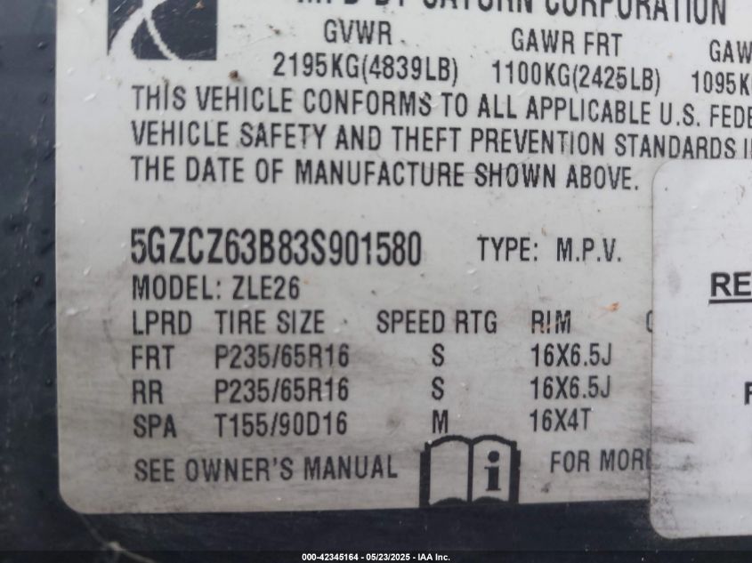 2003 Saturn Vue V6 VIN: 5GZCZ63B838901580 Lot: 42345164