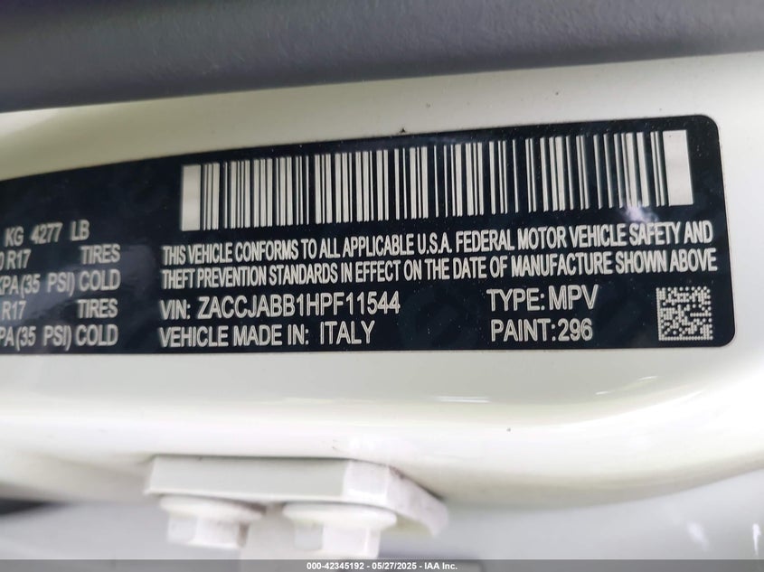 VIN ZACCJABB1HPF11544 2017 JEEP RENEGADE LATITUDE FWD