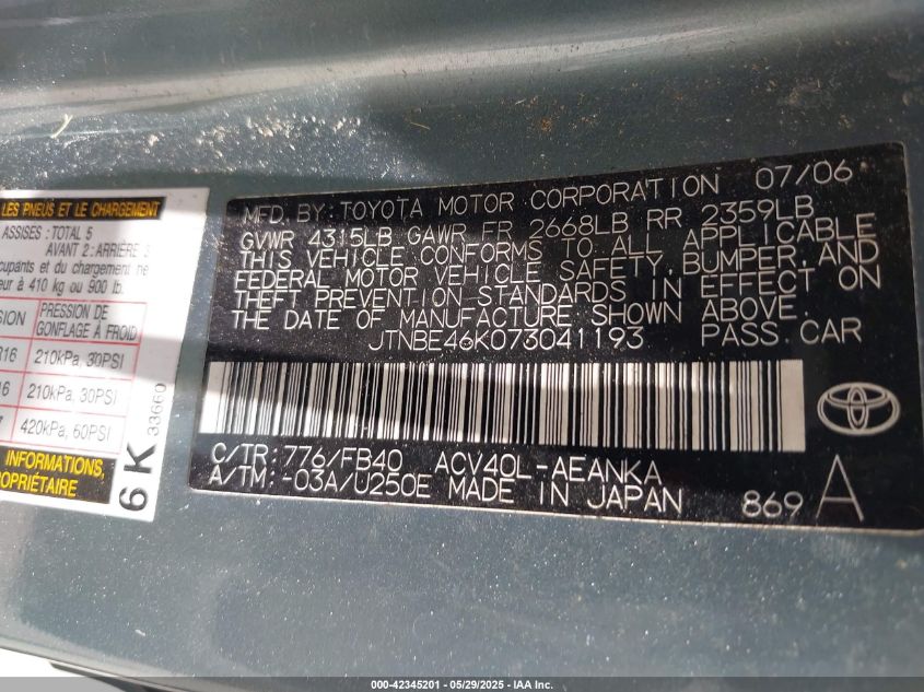 2007 Toyota Camry Ce/Le/Se/Xle VIN: JTNBE46K073041193 Lot: 42345201