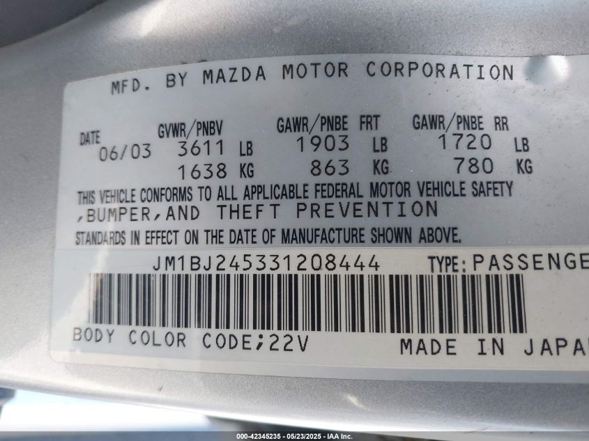 2003 Mazda Protege5 VIN: JM1BJ245331208444 Lot: 42345235