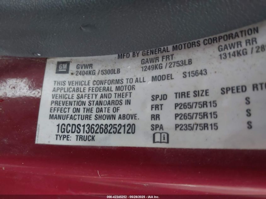 2006 Chevrolet Colorado Lt VIN: 1GCDS136268252120 Lot: 42345252