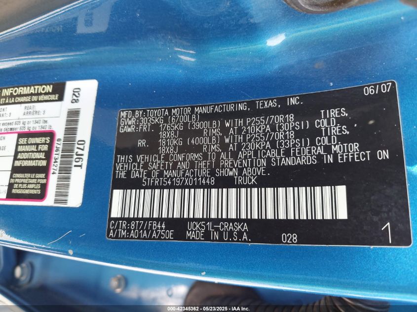 2007 Toyota Tundra Sr5 4.7L V8 VIN: 5TFRT54197X011448 Lot: 42345362
