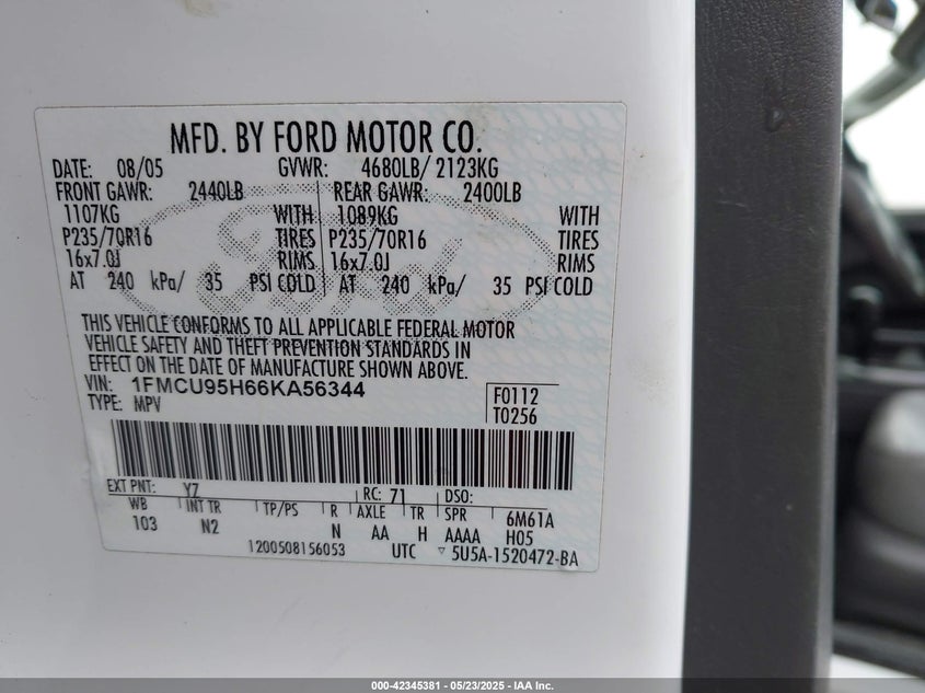 2006 FORD ESCAPE VIN: 1FMCU95H66KA56344