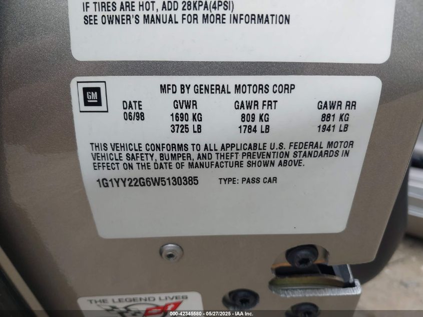 1998 Chevrolet Corvette VIN: 1G1YY22G6W5130385 Lot: 42345580