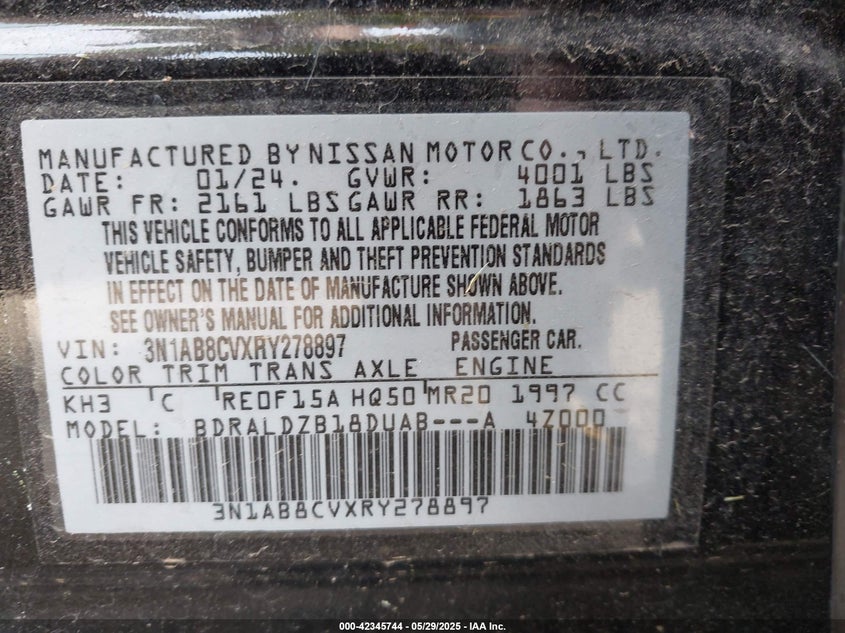 VIN 3N1AB8CVXRY278897 2024 NISSAN SENTRA SV XTRONIC CVT
