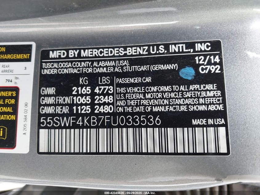 2015 Mercedes-Benz C 300 4Matic/Luxury 4Matic/Sport 4Matic VIN: 55SWF4KB7FU033536 Lot: 42345826