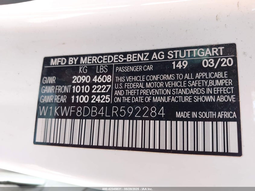 2020 MERCEDES-BENZ C 300 VIN: W1KWF8DB4LR592284