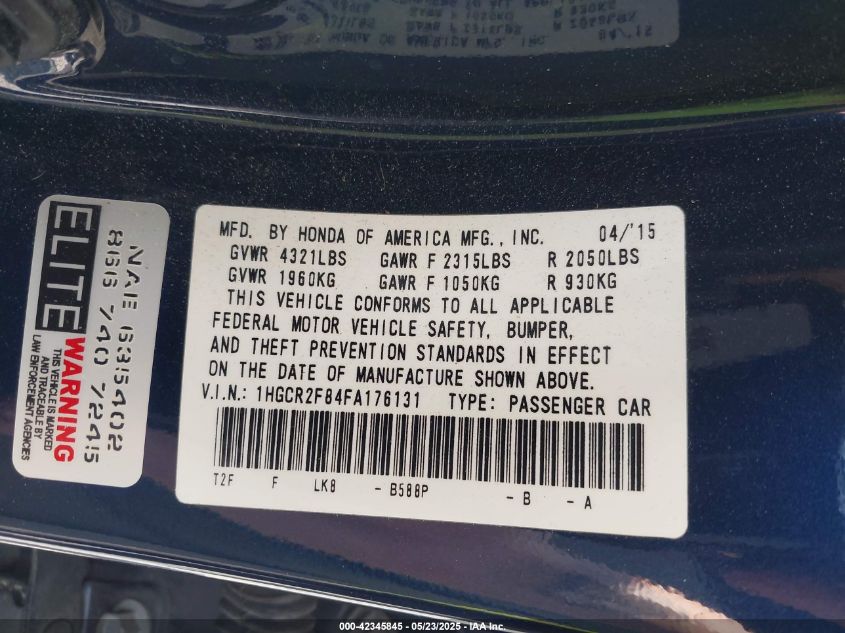 2015 Honda Accord Ex-L VIN: 1HGCR2F84FA176131 Lot: 42345845