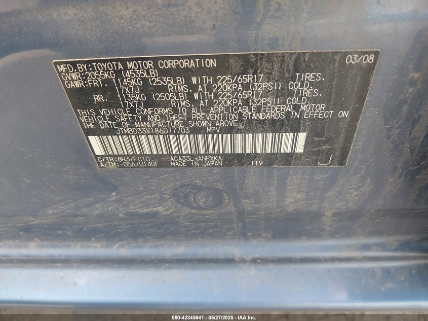 2008 Toyota Rav4 VIN: JTMBD33V186077703 Lot: 42345941