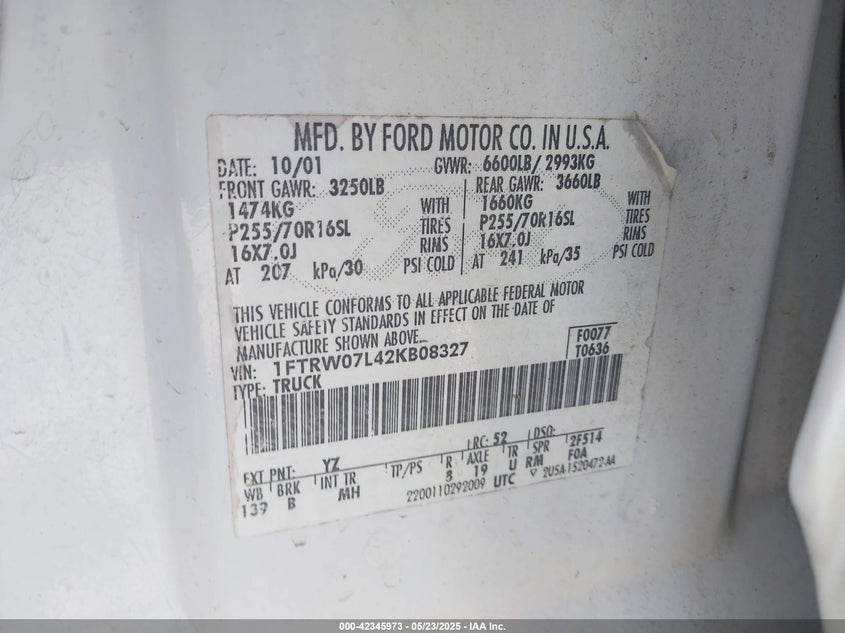 2002 Ford F-150 Lariat/Xlt VIN: 1FTRW07L42KB08327 Lot: 42345973