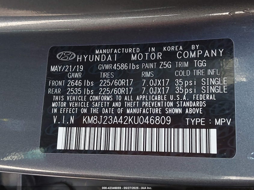 2019 HYUNDAI TUCSON SE - KM8J23A42KU046809