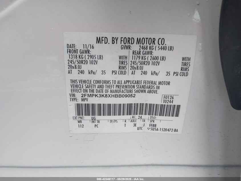 VIN 2FMPK3K8XHBB09052 2017 FORD EDGE TITANIUM