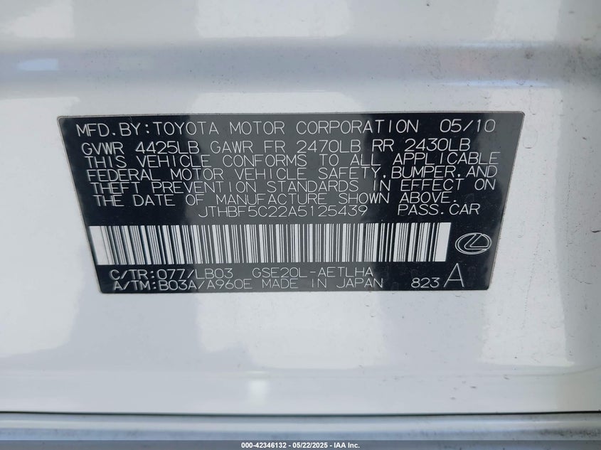 2010 LEXUS IS 250 VIN: JTHBF5C22A5125439