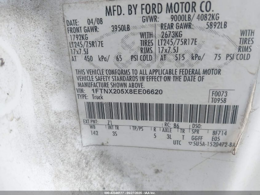 2008 Ford F-250 Lariat/Xl/Xlt VIN: 1FTNX205X8EE06620 Lot: 42346177
