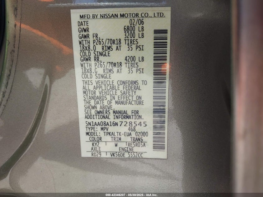 2006 NISSAN ARMADA VIN: 5N1AA08A16N728545