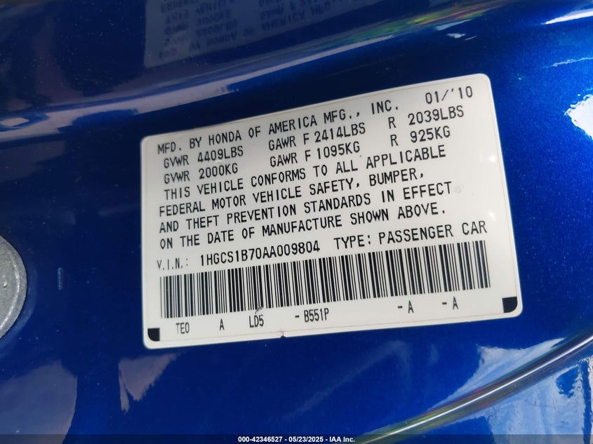 2010 HONDA ACCORD VIN: 1HGCS1B70AA009804