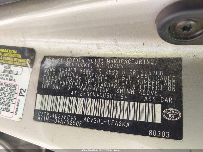 2006 Toyota Camry Le/Se/Std/Xle VIN: 4T1BE30K46U682164 Lot: 42346696