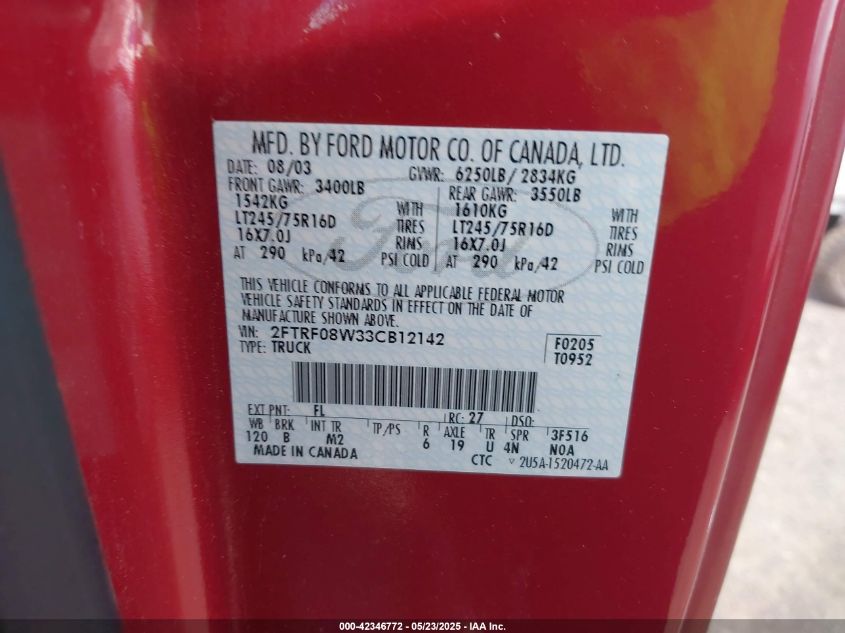 2003 Ford F150 VIN: 2FTRF08W83CB12142 Lot: 42346772