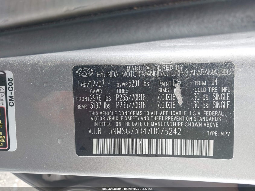2007 HYUNDAI SANTA FE VIN: 5NMSG73D47H075242