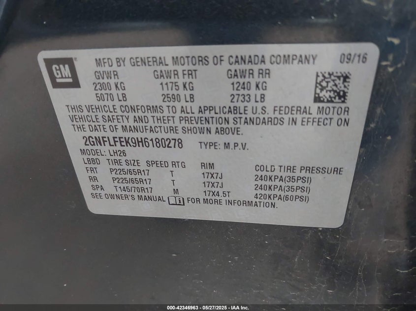 2017 CHEVROLET EQUINOX VIN: 2GNFLFEK9H6180278