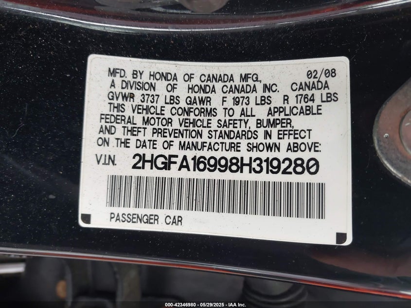 2008 Honda Civic Ex-L VIN: 2HGFA16998H319280 Lot: 42346980