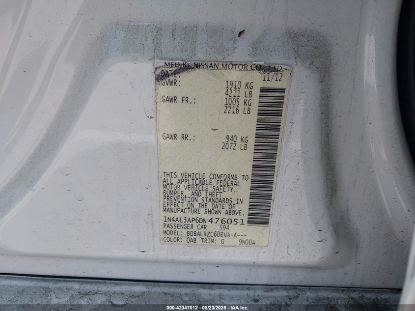 2013 NISSAN ALTIMA VIN: 1N4AL3AP6DN476051