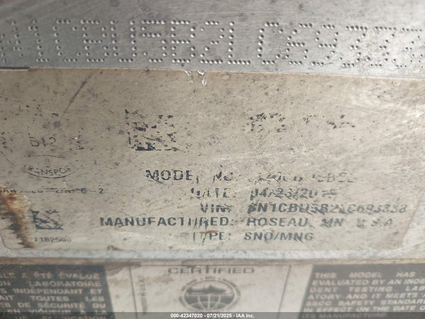 2020 Polaris Indy 121 Evo Es VIN: SN1CBU5B2LC693338 Lot: 42347020