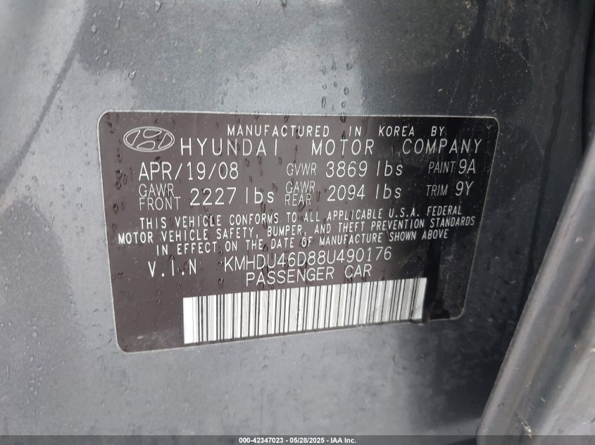 2008 Hyundai Elantra Gls/Se VIN: KMHDU46D88U490176 Lot: 42347023