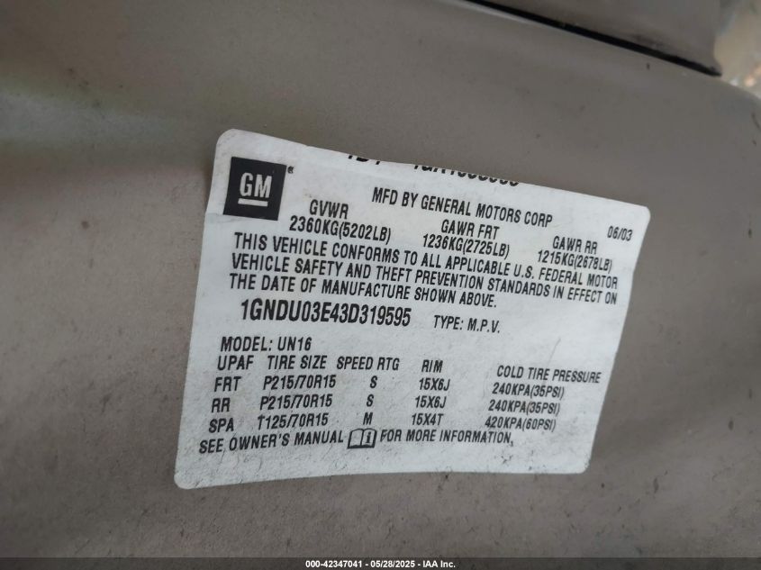 2003 Chevrolet Venture VIN: 1GNDU03E430319595 Lot: 42347041