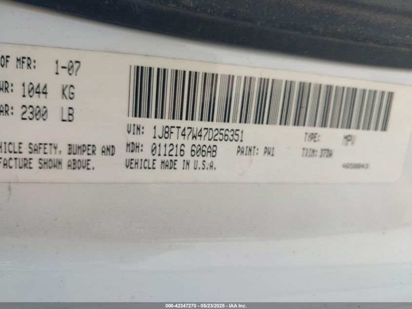 2007 Jeep Compass Sport VIN: 1J8FT47W47D256351 Lot: 42347270