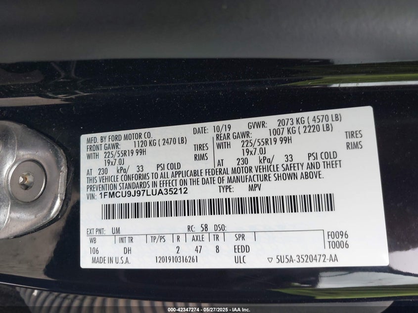2020 FORD ESCAPE VIN: 1FMCU9J97LUA35212