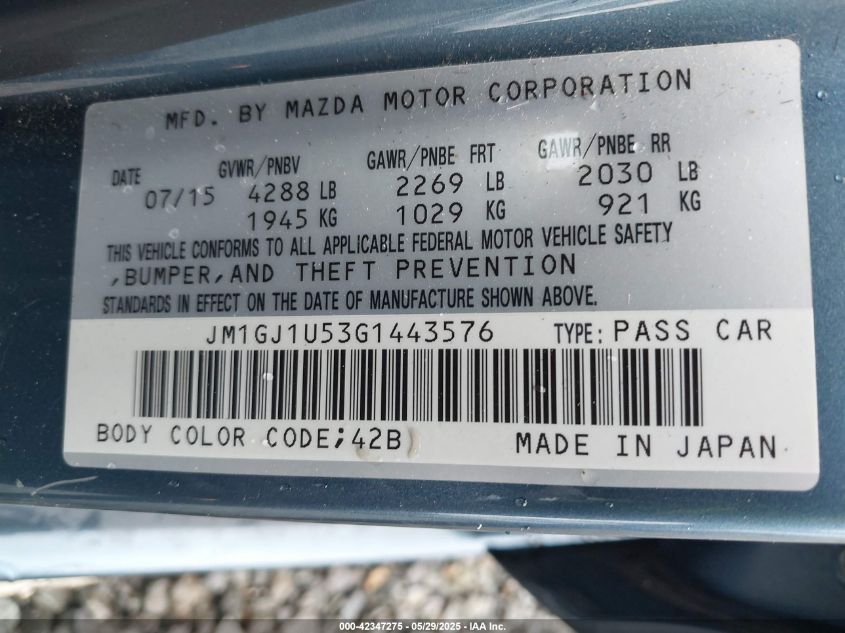 2016 Mazda Mazda6 I Sport VIN: JM1GJ1U53G1443576 Lot: 42347275