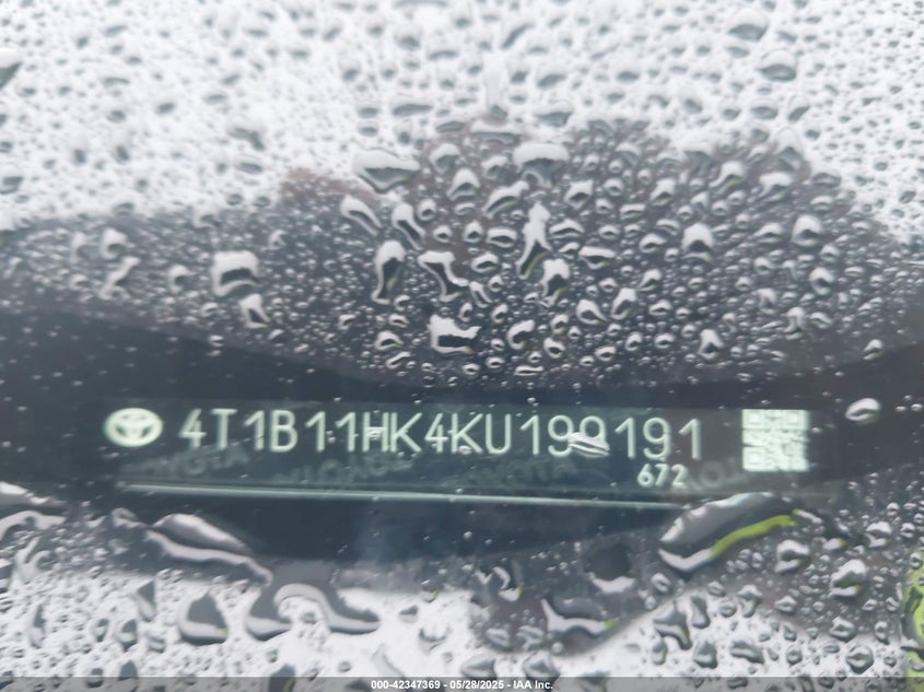 2019 TOYOTA CAMRY VIN: 4T1B11HK4KU199191