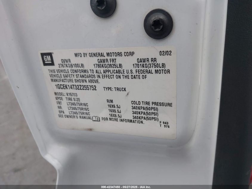 2002 Chevrolet Silverado 1500 VIN: 1GCEK14T32Z255752 Lot: 42347450