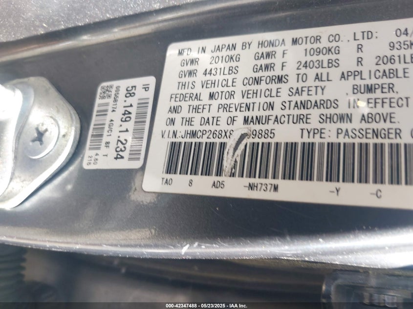 2008 Honda Accord 2.4 Ex-L VIN: JHMCP268X8C069885 Lot: 42347488