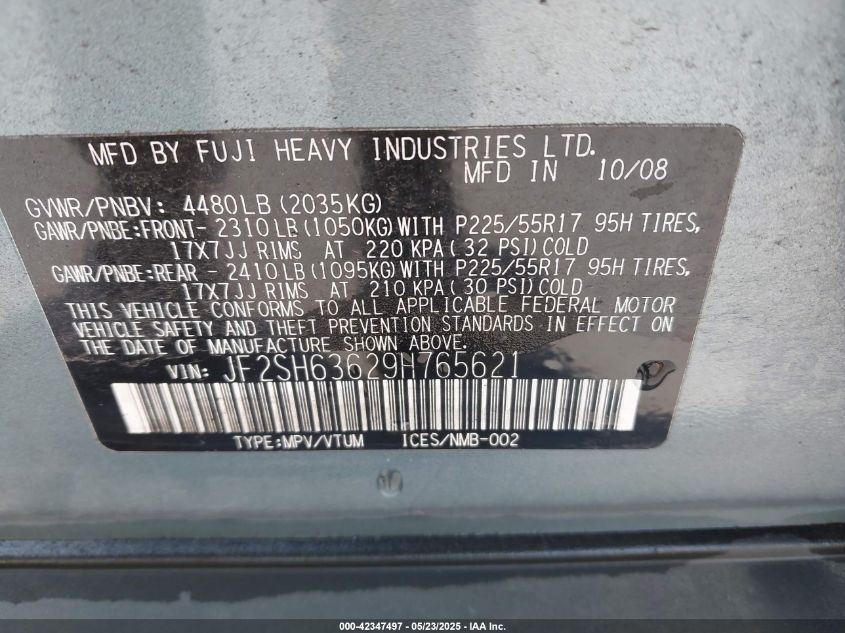 2009 Subaru Forester 2.5X VIN: JF2SH63629H765621 Lot: 42347497