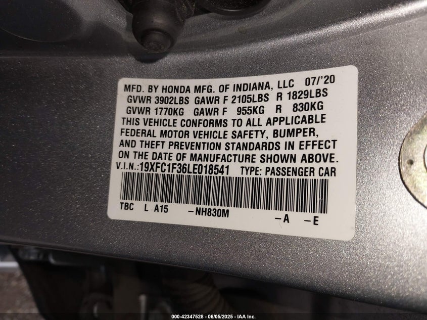 2020 HONDA CIVIC VIN: 19XFC1F36LE018541