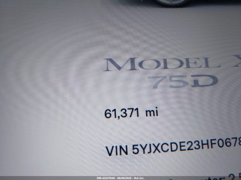 2017 Tesla Model X 100D/75D/90D VIN: 5YJXCDE23HF067843 Lot: 42347649