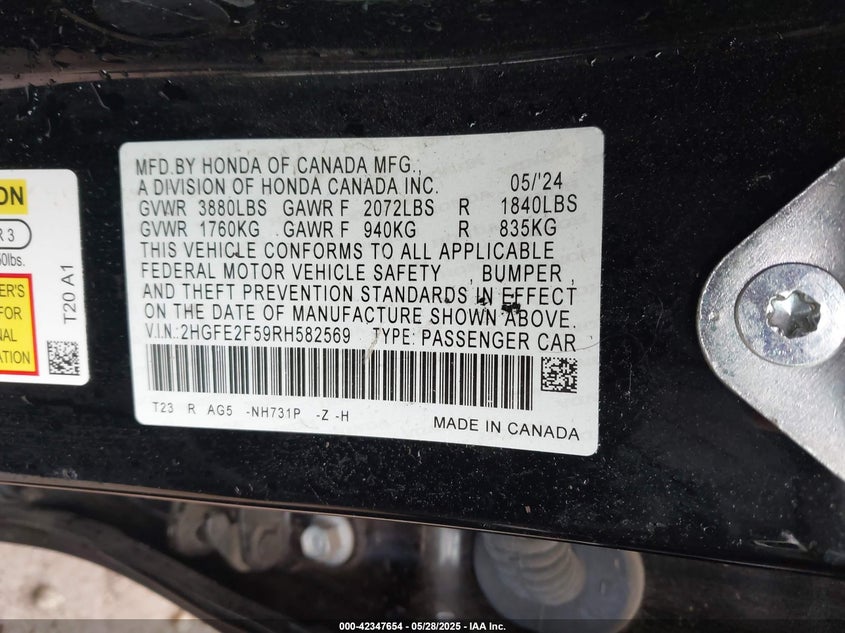 2024 HONDA CIVIC SPORT - 2HGFE2F59RH582569