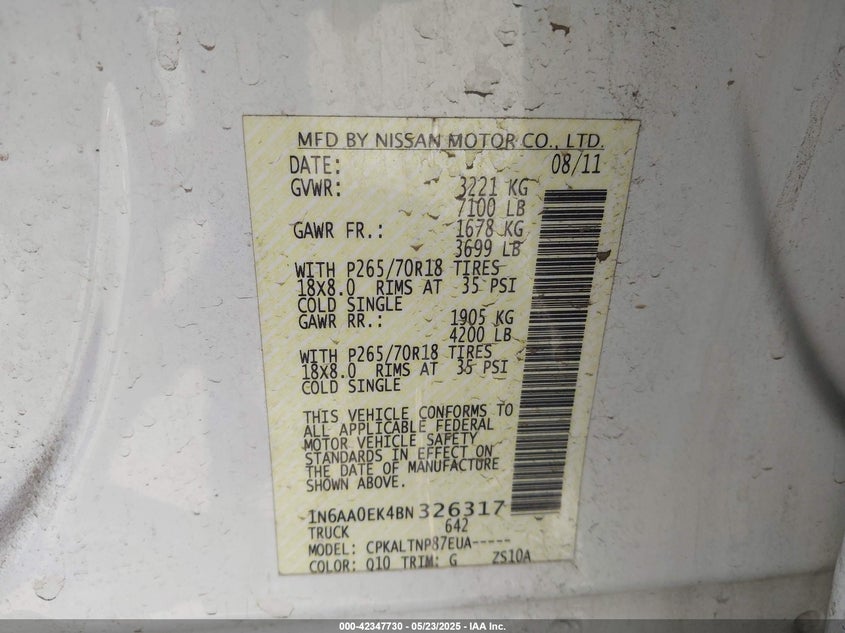 2011 NISSAN TITAN VIN: 1N6AA0EK4BN326317