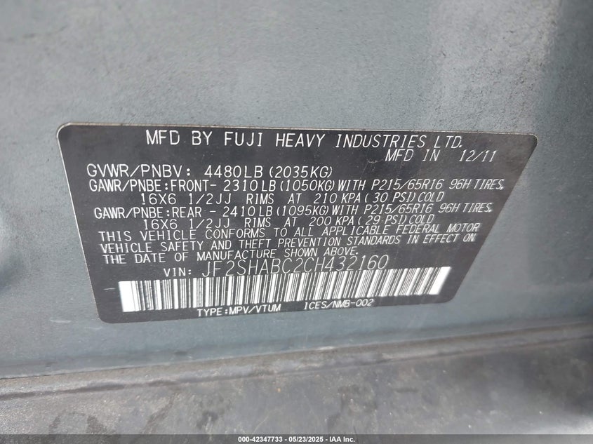 2012 SUBARU FORESTER VIN: JF2SHABC2CH432160