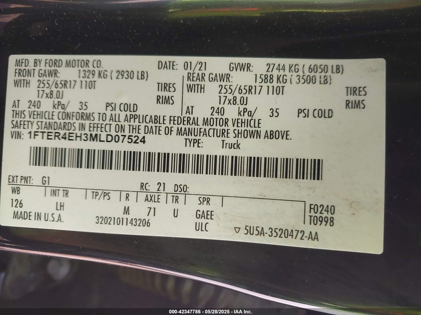 VIN 1FTER4EH3MLD07524 2021 FORD RANGER XLT